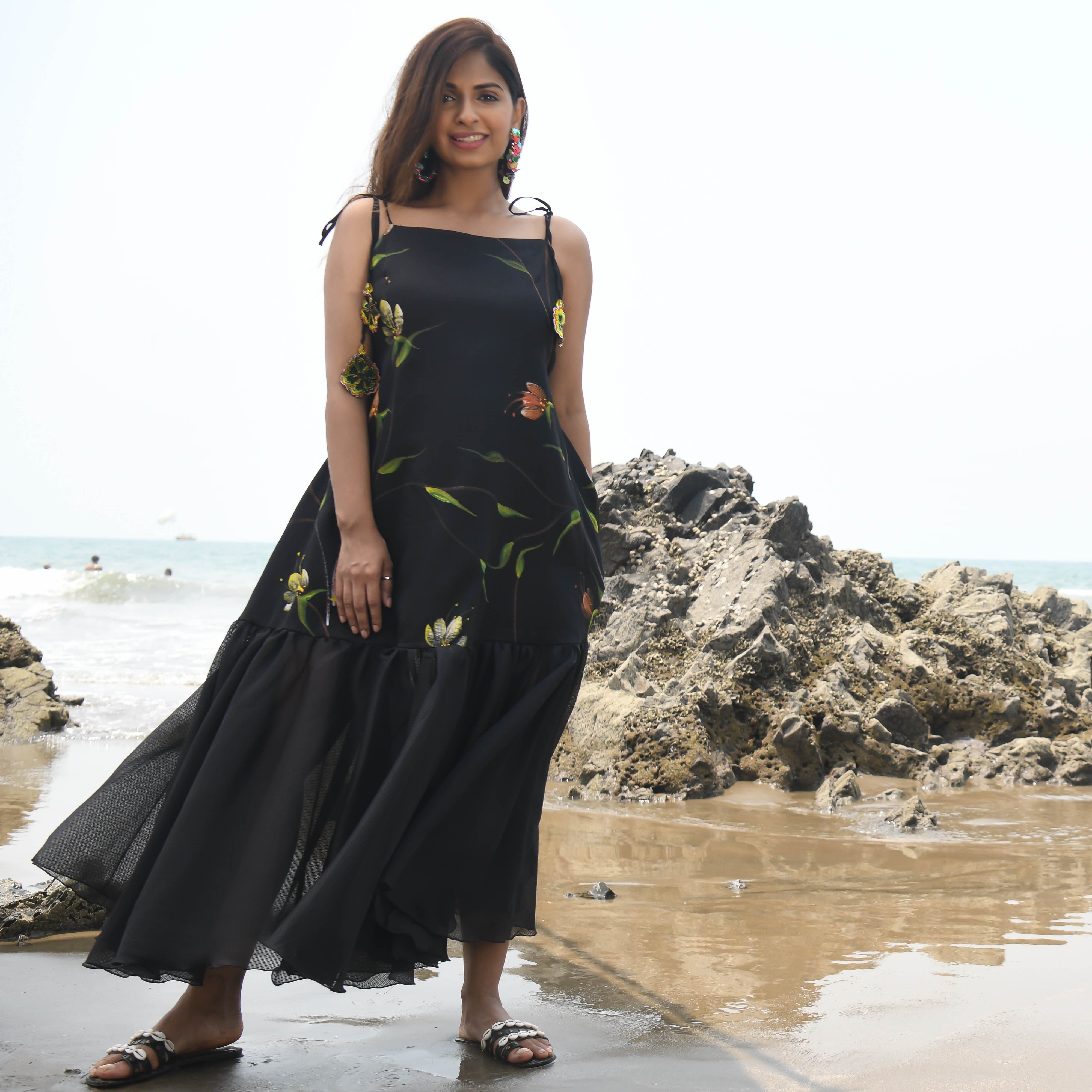 Raven Handpainted Black Summer Cotton Dress For Women Online